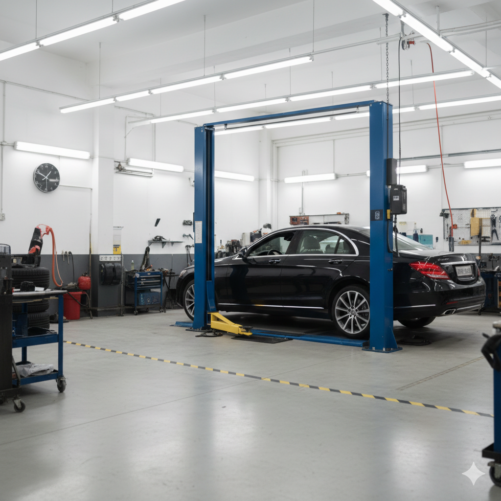 Mechanic shop with a vehicle